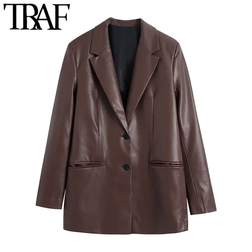 TRAF Women Fashion Faux Leather Blazer Coat Vintage Long Sleeve Welt Pockets Female Outerwear Chic Veste Femme 211116