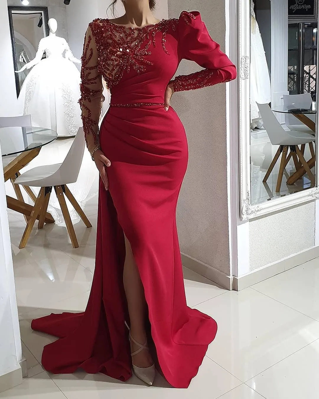 2021 Arabic Aso Ebi Red Luxurious Mermaid Evening Dresses Beaded Crystals Prom Dresses Long Sleeves Formal Party Second Reception Gowns