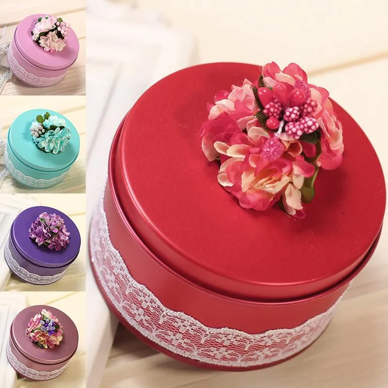 European Style Lace Candy Box Round Tinplate Presentförpackning Bröllop Alla hjärtans dag Solid Color Wrap