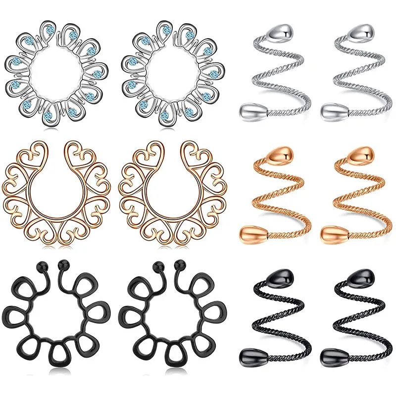 Fake Stainless Steel Non-Piercing Rings Clip On Nipplerings Faux Body Piercing Jewelry for Women 4-6 Pairs