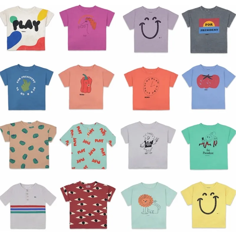 2021 Nouveau Toddler Girl Girl Fashion Marque T-shirts Bébé Coton Col Col Tops pour Summer Strawberry Orange Print Enfant Tees 210306