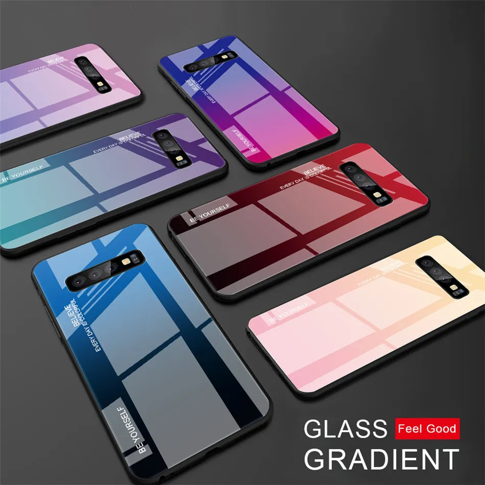 삼성 S10 S10E S10 Plus Galaxy Note 9 S8 Plus Aurora 그라데이션 휴대 전화 뒷 표지를위한 강화 유리 케이스