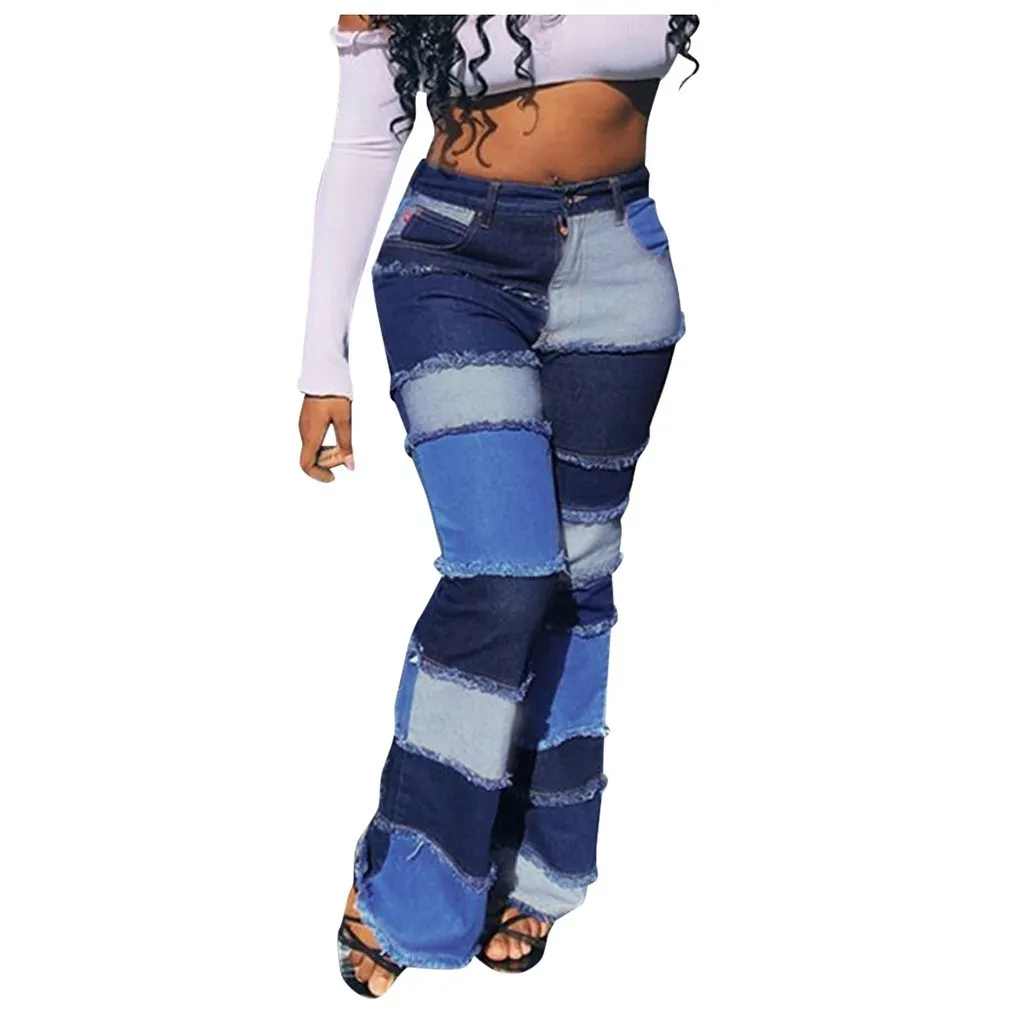 Färgblock Hög midja Flare Jeans med fickor Streetwear Sexiga damer byxor Bell Bottoms Skinny Denim Jean Byxor Legins 210222