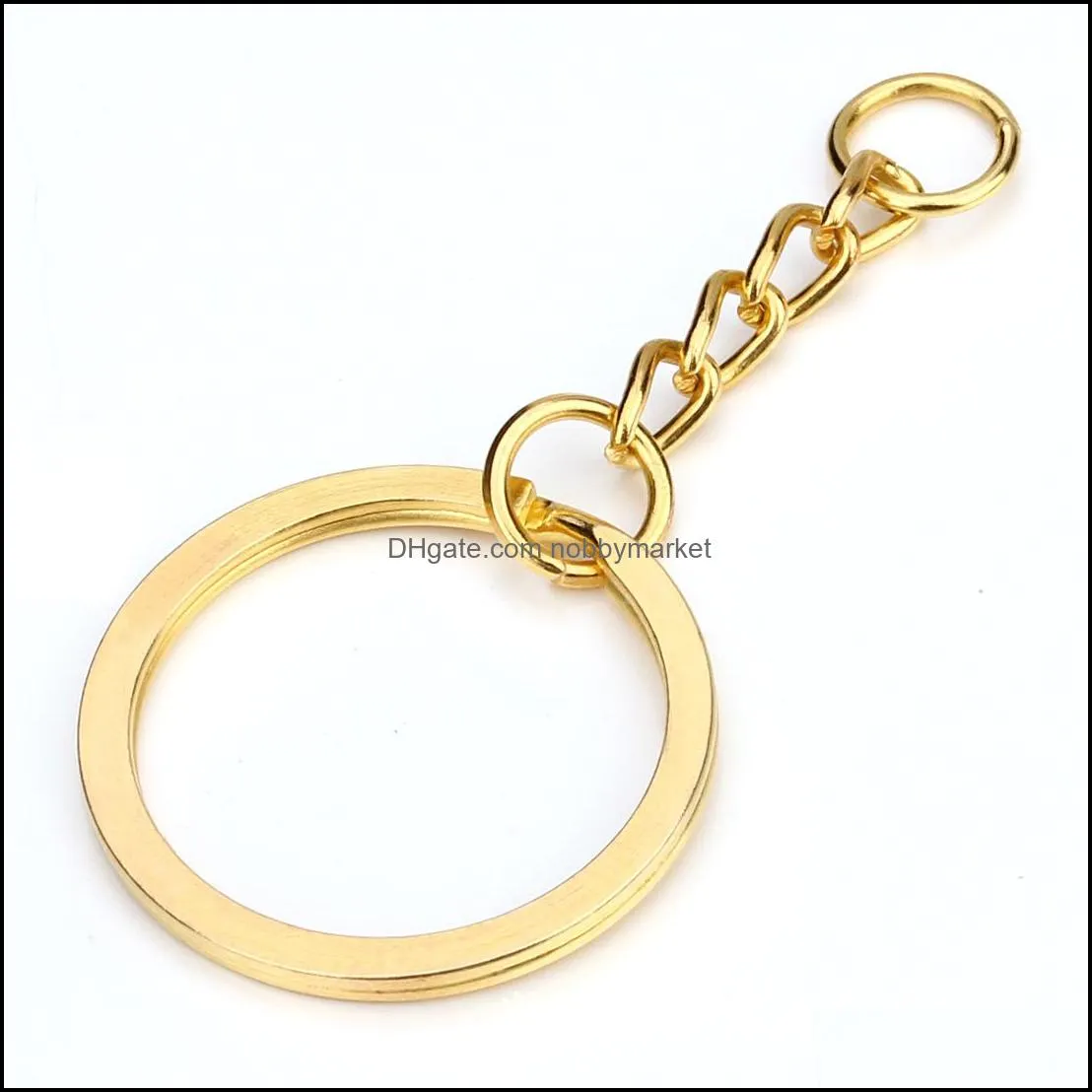 28mm Gold Key Ring Keychain Round Split Rings with Short Chain Rhodium Bronze Keyrings Women Men DIY Jewelry Making Key Chains