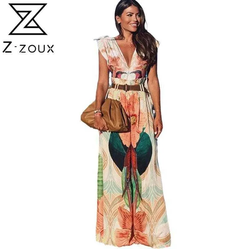 Women Jumpsuit V-neck Sleeveless Print Rompers s Vintage Sexy Plus Size Long Jump Suits 210524
