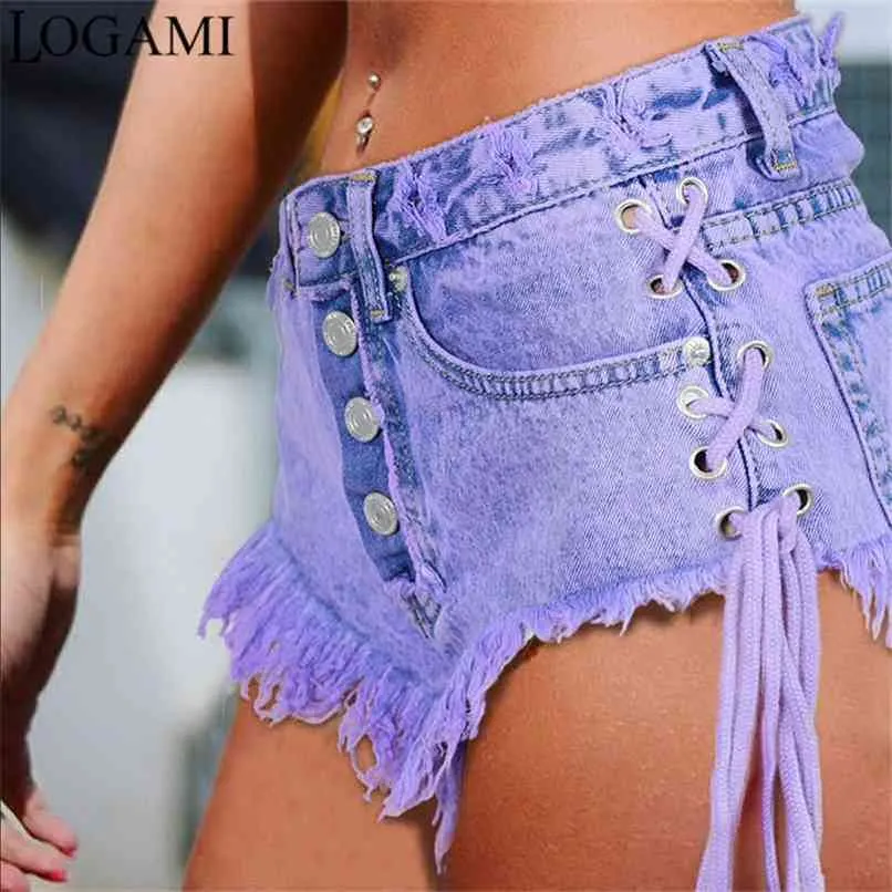 Logami Highwaisted Mini Jeans Shorts Kvinnor Båda sidan Binds Short Sexy Denim 210714