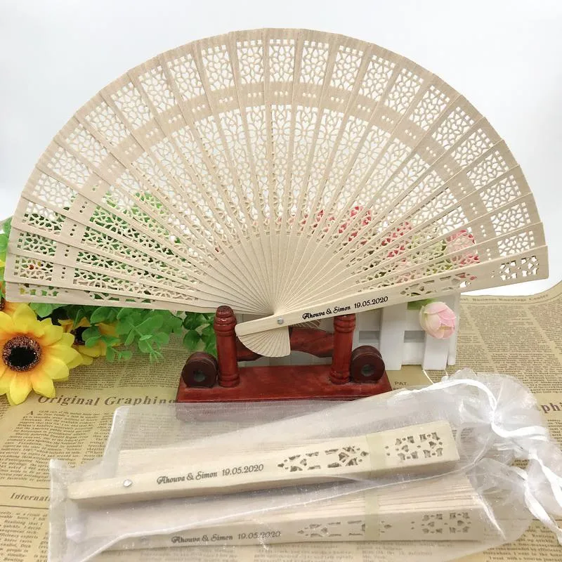 Custom Printing Chinese Sandal Wood Wedding Fan Personalized Hand Foldable Wooden Fan in Organza Bag Party Decorations 