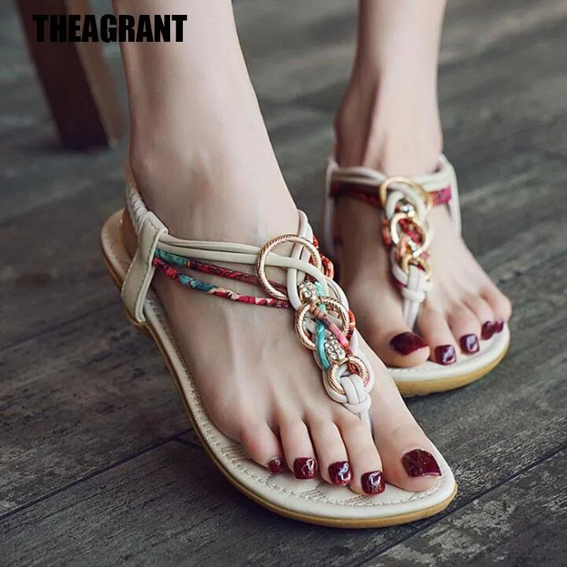 THEAGRANT Flache Sandalen 2021 Sommer Ethnische Gladiator Zurück Schnalle Flip-Flops Kristall Boho Strand Schuhe Frau Slip Auf WSS3034