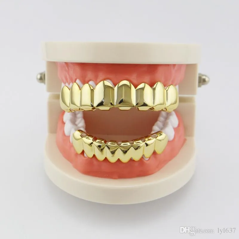 Hip Hop Glossy Copper Dental Grills Eight Teeth Gold-plated Long Braces Punk Women Men Party Jewelry Grills Set Wholesale 