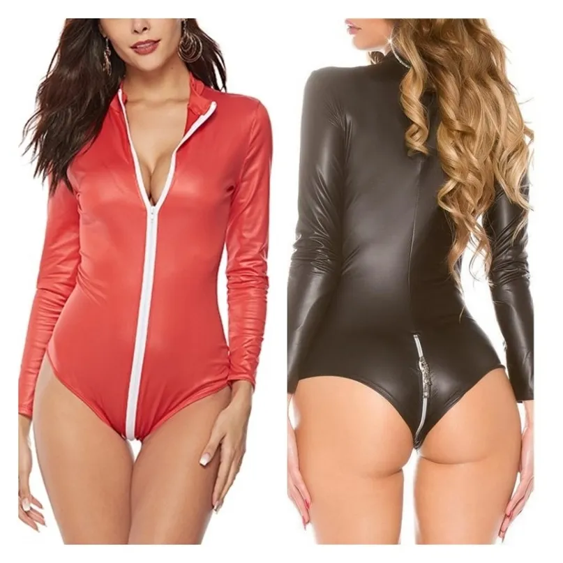 Seksi spandex bodysuit tays kasık fermuarlı catsuit giyim açık çıplak göğüs bayanlar tulumlar deri kumaş leotard sexi 220226