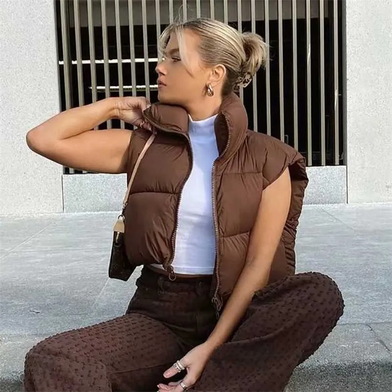 ZXQJ Vintage Femmes Brown Gilets Courts Printemps-Automne Mode Dames Mignon Puffer Gilet Manteaux Filles Douces Chic Vêtements D'extérieur 211008