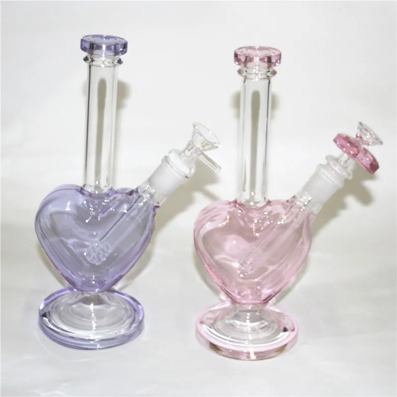 Roze hartvorm Glass Bong Dab Rig Water Pijpen Hookahs Bubbler Ash Catcher Handpijp met komolie Riging Rookaccessoires