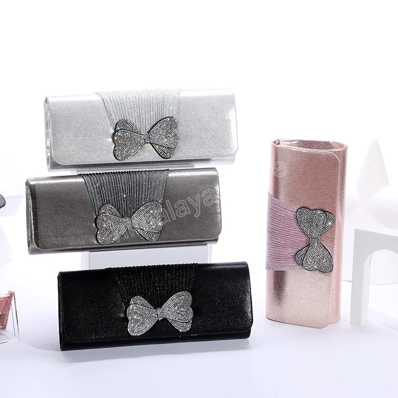 Women's Black Clutch Purse with Rhinestones Bow Pouch for Wedding Elegant Lady Crystal Evening Bag Small Crossbody Bag