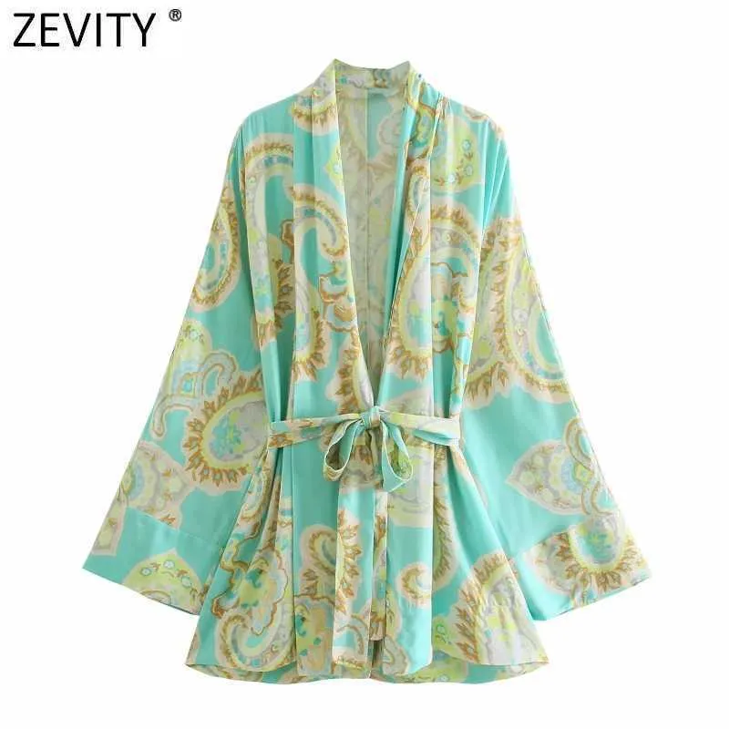 Zevidade Mulheres Totem Vintage Cópia Floral Curva Amarrado Sashes Kimono Smock Blusa Feminino Costura Aberta Camisas Chic Blusas Tops LS9315 210603