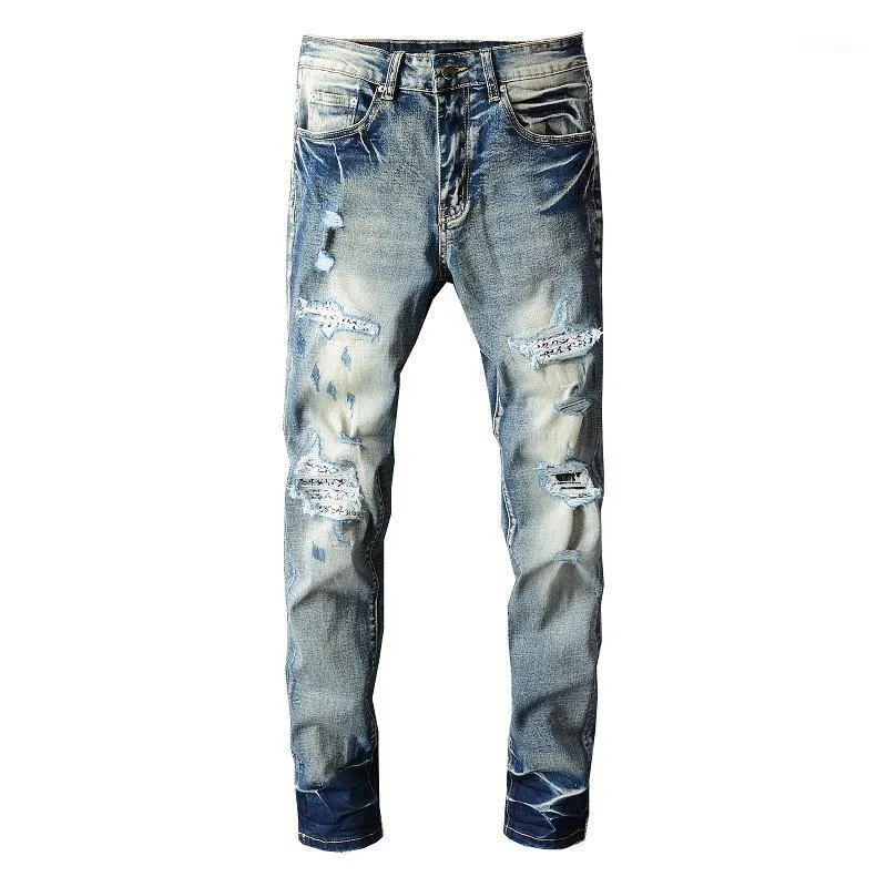 Męskie Dżinsy Marka Designer Zniszczone Spodnie Wit Patchwork Hi Street Ripped Denim Spodnie Vintage Myte Blue Skinny Dna