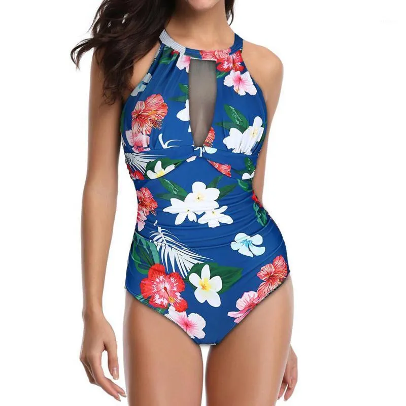 40 # Kobiety Kwiat Liść Druku Bikini Monokini Seksowny Swimsuit Wysokiej Neck Mesh Ruched Patchwork Stroje kąpielowe Halter Maillot Biquini Kobiety