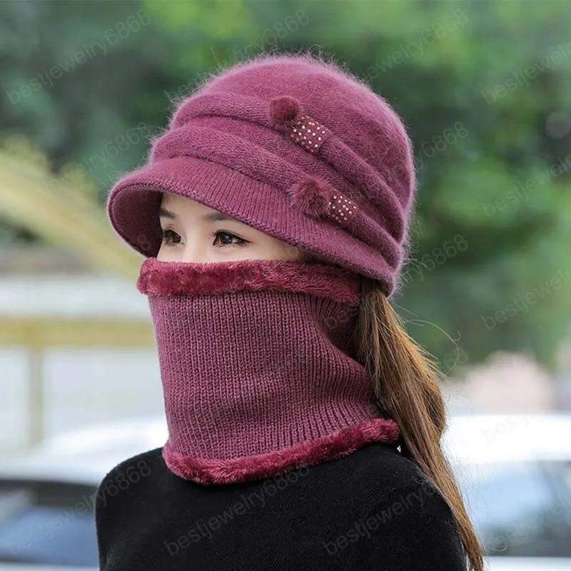 Winter Hats for Women Add Fur Lined Hat And Scarf Warm Set Fashion Casual Outdoor Fur Knitted Bucket Cap Woman Bonnet
