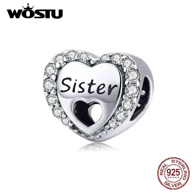 WOSTU 925 Sterling Silver Sister's Love Heart Bead Clear CZ Fit Original Bangle Charm DIY Bransoletka Akcesoria Biżuteria CQC1141 Q0531