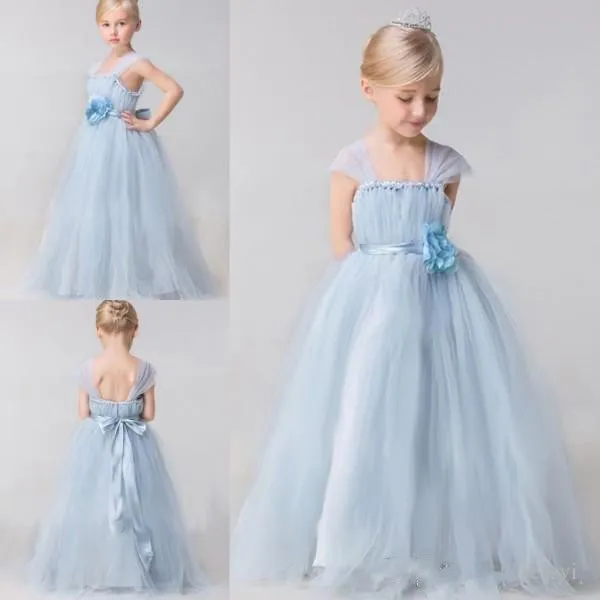 Bleu clair robes de demoiselle d'honneur avec des fleurs faites à la main mancherons longueur de plancher filles Pageant robe princesse robe pas cher