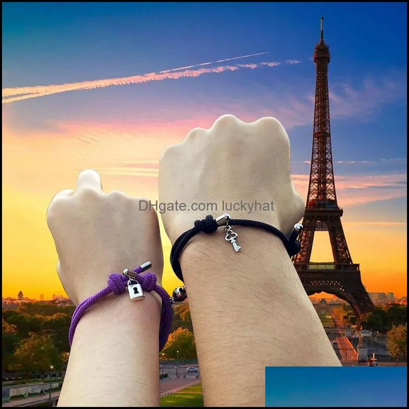 Magnetic Couples Bracelets Love Lock Key Charm Mutual Attraction Relationship Matching Friendship Rope Bracelet Jewelry