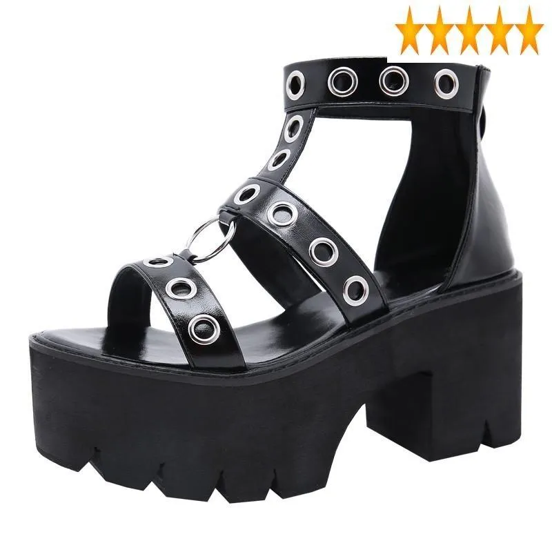 Creux Open Toe Metal Bague Haute Femmes Plate-forme Épais Heel Gladiator Chaussures Summer Casual Zip Sandales