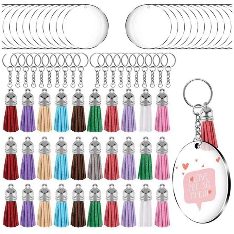 Porte-clés acrylique cercle porte-clés blancs Kit clair 120 pièces pour projet de vinyle Cricut, y compris disques vierges, glands