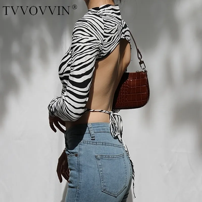 TVVovvin Snakeskin 패턴 섹시한 전체 슬리브베이스 Backless 여성 터틀넥 넥타이 레오파드 탑 얼룩말 인쇄 자른 티셔츠 탑스 N5C 210310