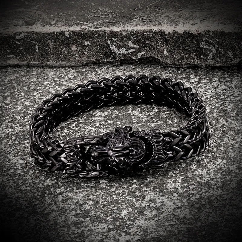 Men's 8 Inch Stainless Steel Biker Cuff Bracelet – Lion Head Design, Adjustable Bangle