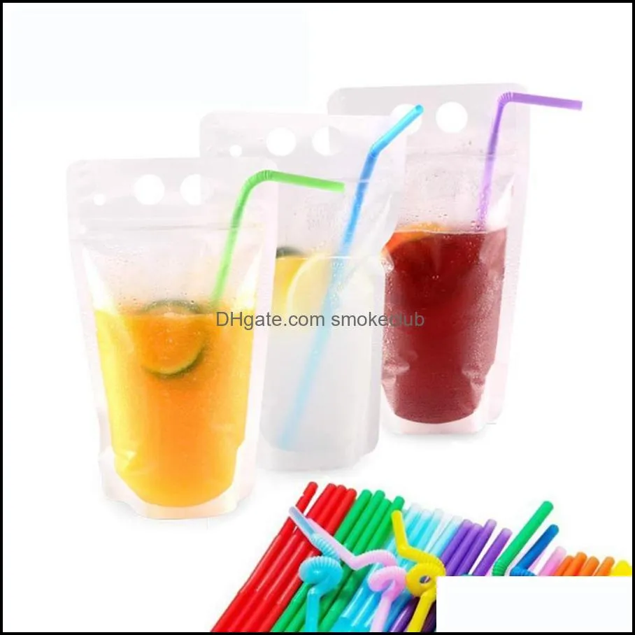Stand-up Juice Drink Bag 13*22.5cm Beverage Liquid Juice Milk Packaging Bag Clear Seal Drink Bag with Straws OOA7999