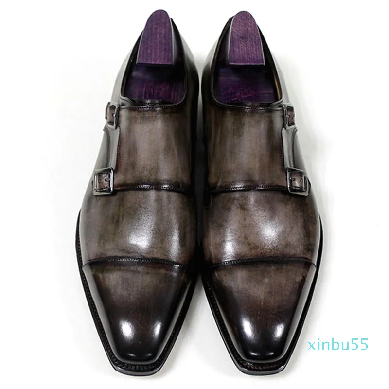 Мужские платье обувь монаховая пряжка ремешка Оксфорды пользовательских ручной обувь квадратный носок подлинный теленок кожа цвета патина серый