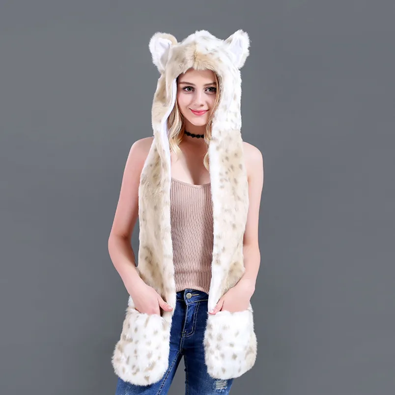 Mode hoed sjaal handschoen geïntegreerde dier imitatie bont pluche cartoon sneeuw luipaard 211207