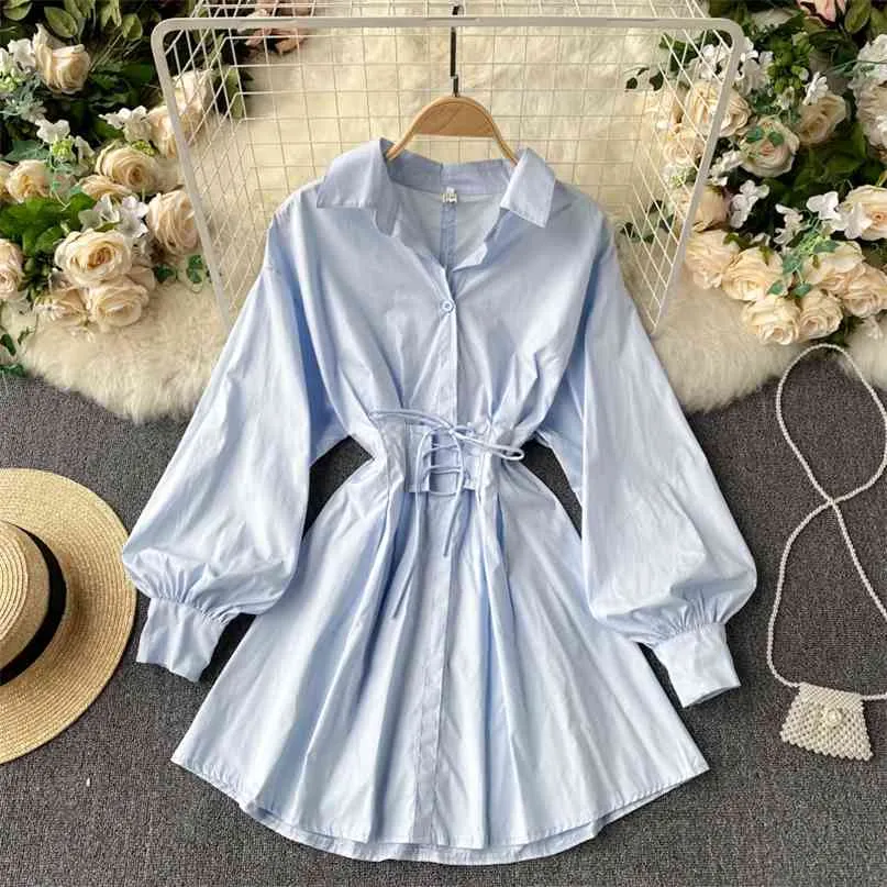 Spring Women Shirt Dress Lace-up Bandage Slim Waist Long Sleeve Turn-down Collar Hollow Out Back A-line Short Vestidos 210603