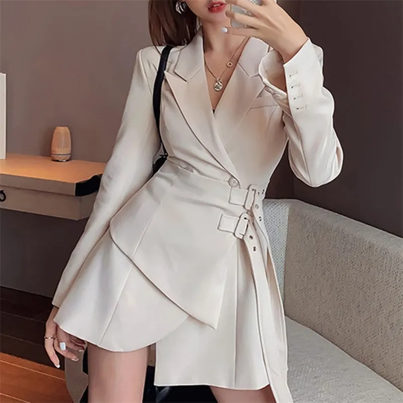 Blazer vestido mulheres mini partido escritório senhora elegante vestido feminino vestido de uma peça vestido coreano faixas de manga comprida roupas inverno novo 210309
