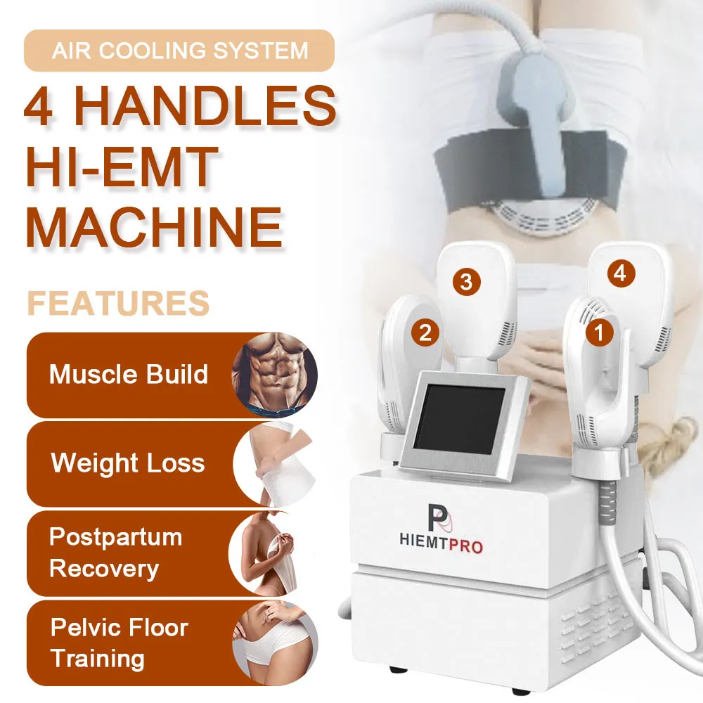 Gemakkelijke bediening Luchtkoeling 4 Handgrepen Hi-EMT Slimming 7 Tesla Body Sculpting EMS Spieren Stimulatie Vorm Bouw Muscle Fat Burn Machine