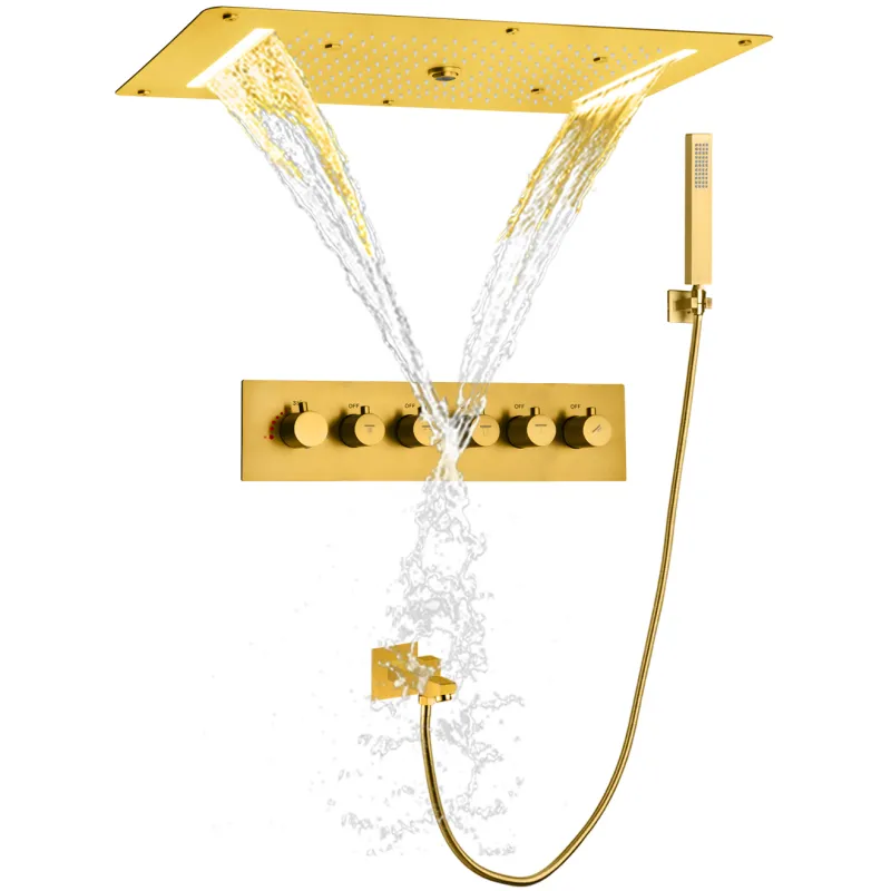 Sistema de grifo de ducha de ducha de ducha de oro cepillado termostático con cepillado 700x380 mm Cabezal de baño LED con spray de mano