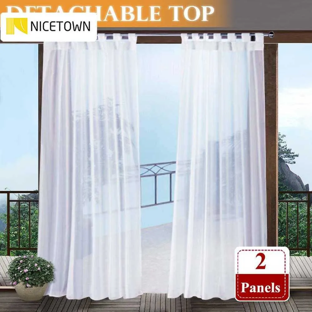 NICETOWN Outdoor-Vorhang für Terrasse, abnehmbare Klebelasche zum einfachen Aufhängen, wasserdicht, für die Veranda, weiß, transparent, mit einem Seil 210712