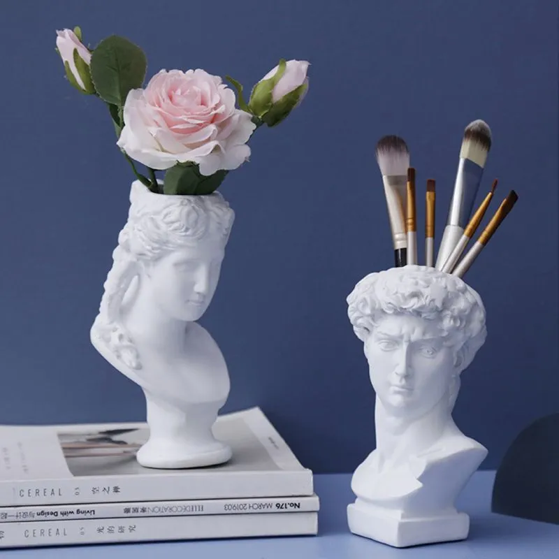 Great Artist Resin Vase Flower Pot Nordic Style Human Head Pen Brushes Holder Home Decoration Creative Garden Planter 210310