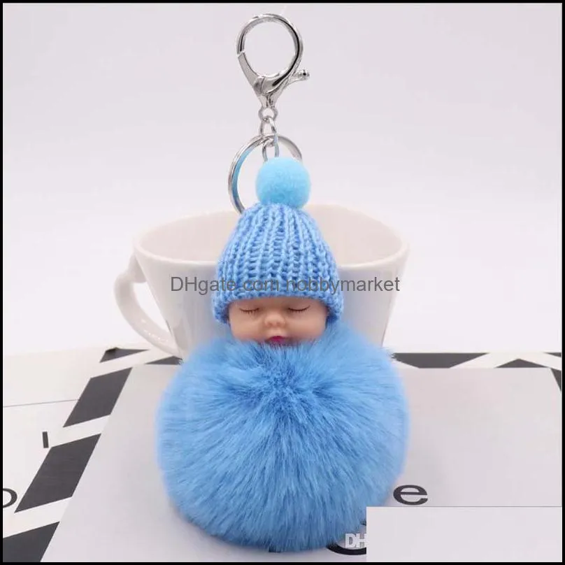 Baby Fur Ball Doll Keychain Sleeping Baby Doll Pompom Rabbit Fur Key Chain Car Keyring Key Holder Charm Jewelry