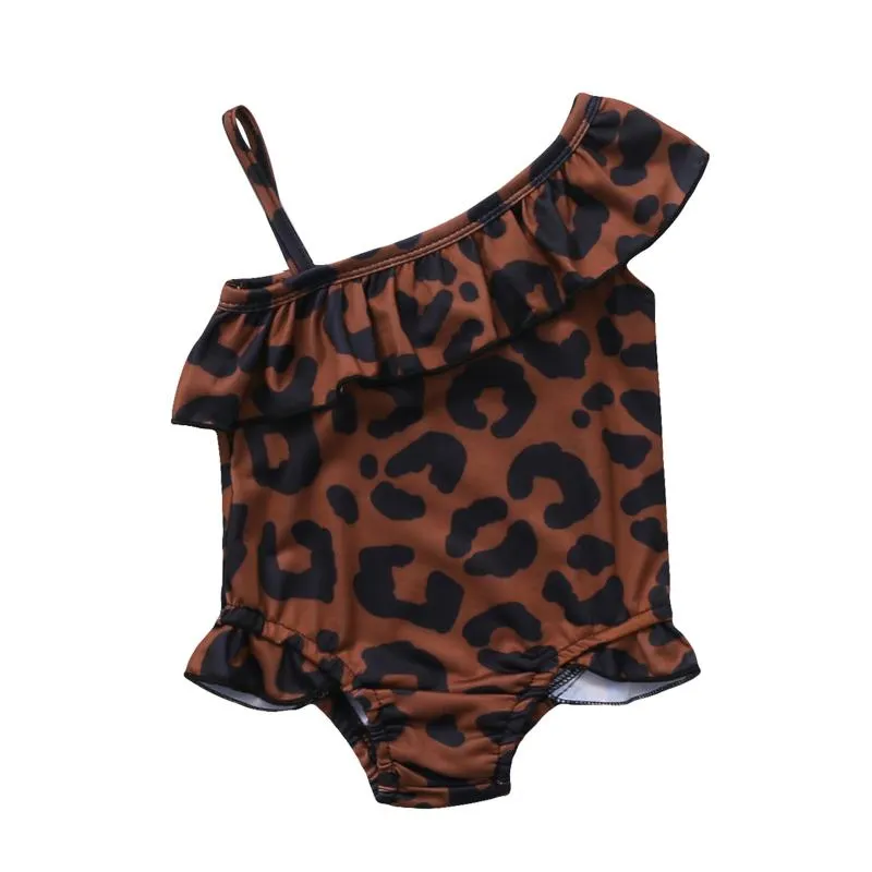 One Pieces 1-5 Years Baby Summer Beach Clothes Leopard One-piece Bikini Kids Girl Swimwear Ruffles Swimsuit Oblique Shoulder Bathing Suit