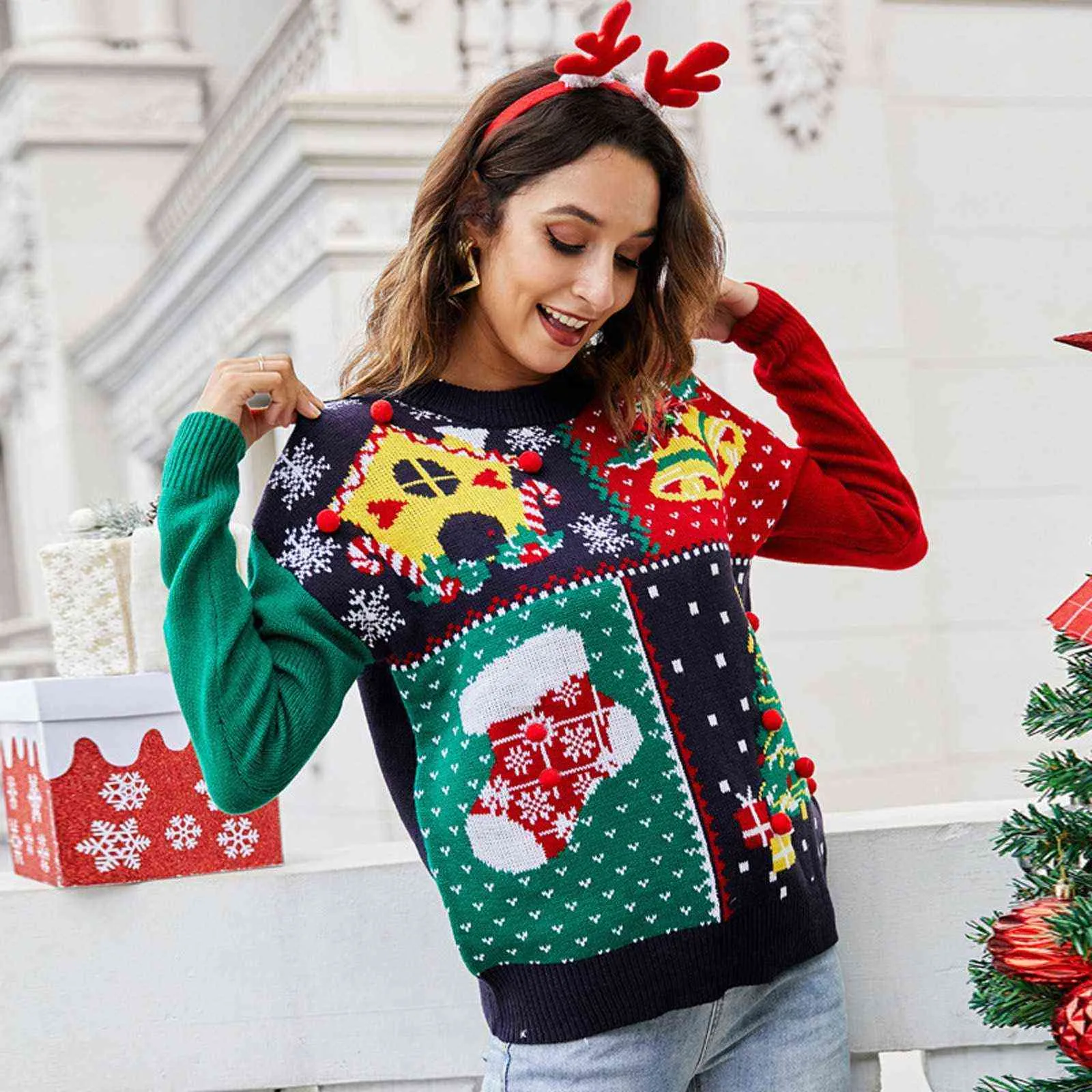 Ugly Boże Narodzenie Sweter Patchwork Bells Drzew Skarpetki Drukowane Swetry Dzianiny Okrągły Neck Xmas Kobieta Cute Cartoon Pullover 2022 Y1118