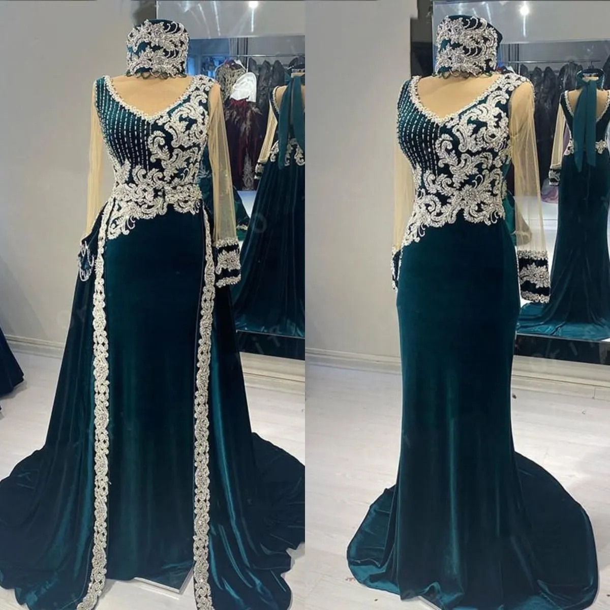 Caftan Velvet 2022 Mermaid Prom Dresses z odpinanym pociągiem z długim rękawem koronki z koralikami wieczorem nosić drugie suknie recepcyjne