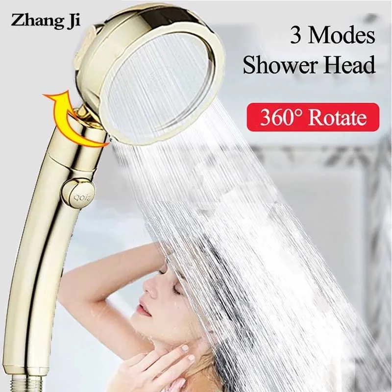 Zhangji 360 grados giratorio Retro Golden Shower alta presión 3 modos con botón de parada ahorro de agua cabezal de ducha de plástico ABS 210724