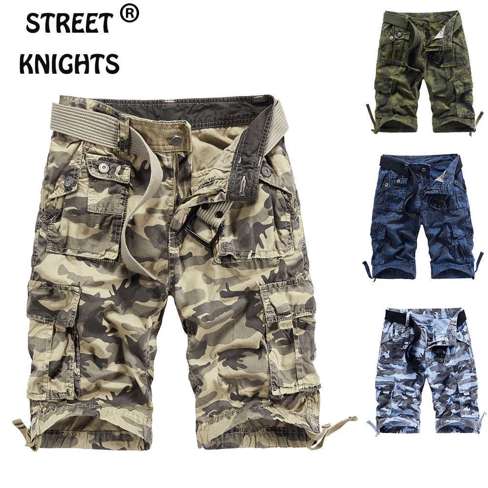 Men's Summer Casual Loose Camouflage Cargo Shorts Men Multi-Pocket 100% Cotton Street Military Knee-Length Beach Shorts 210622