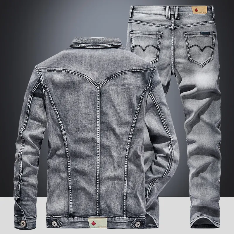 Business Casual 2pcs Men's Pant Sets Simple Design Long Sleeve Denim Jacket and Jeans Spring Autumn Slim-fit Stretch Male Clo291O