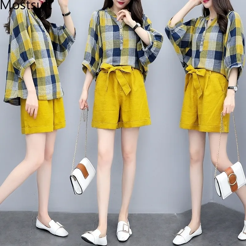 Verão Amarelo Dois Parte Sets Outfits Mulheres Plus Size Xadrez Camisas Tops e Largo Perna Shorts Ternos Casuais Elegant Korean Sets T200603