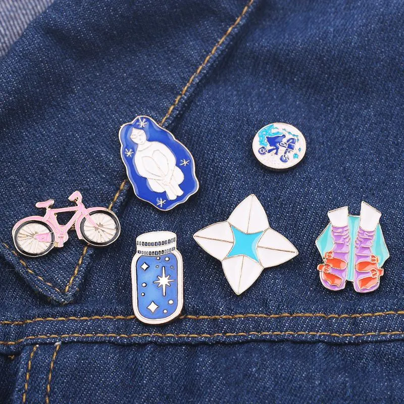 Pins, Brooches Cartoon Pink Bike Wishing Bottle Riding Girl Shoes Origami Game Brooch Pins Childhood Button Denim Pin Badge Creative Gift