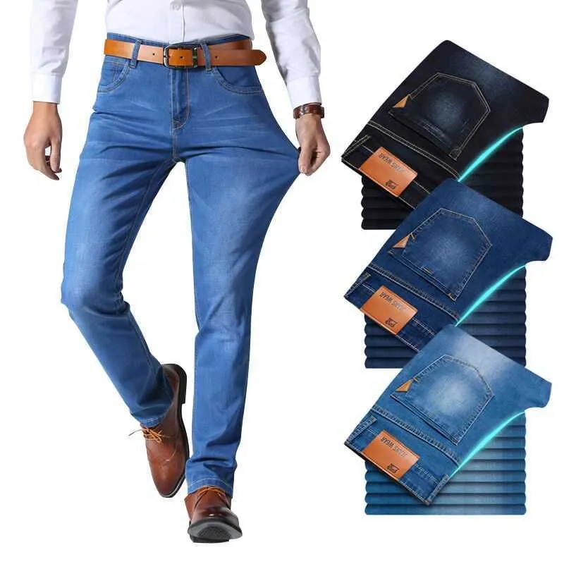 Brother Wang Classic Style Mężczyźni Marka Jeans Business Casual Stretch Slim Denim Spodnie Jasne Niebieskie Czarne Spodnie Mężczyzna 210622