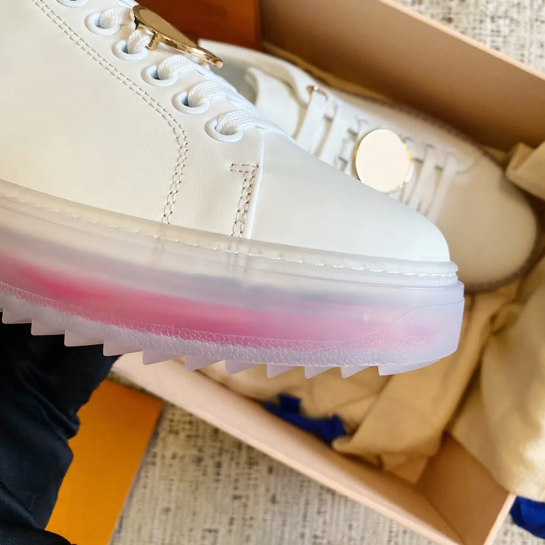 Luxurys designer time out low sneaker casual skor kvinnor cirkel transparent gummi yttersula läder kalvskinn klassiker t