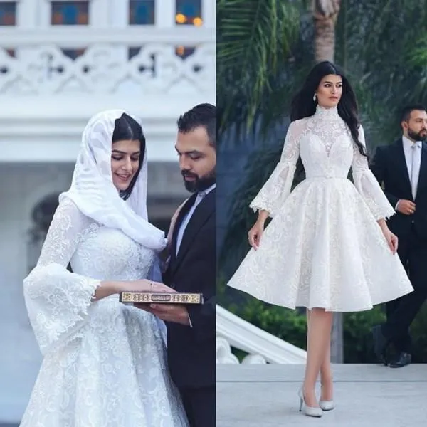 2021 vestidos curtos até o joelho de pescoço de pescoço de mangas compridas Apliques de renda uma linha Dubai árabe Dubai Made Vestido de Novia 403 403