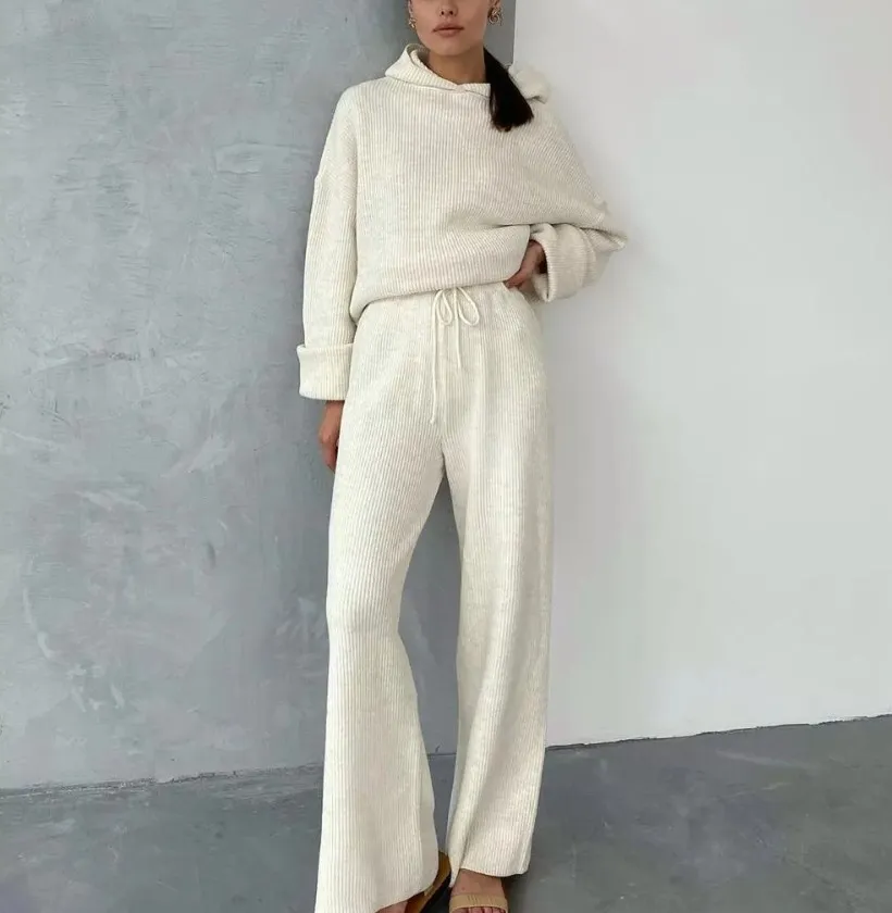 Maglione lavorato a maglia con cappuccio da donna nuovo autunno inverno moda europea e pantaloni lunghi a gamba larga twinset SMLXL